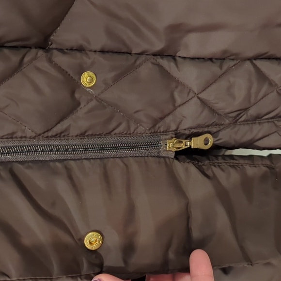 Vintage Down Jacket Long Line Brown size Large Quilted Collar - Picture 5 of 14